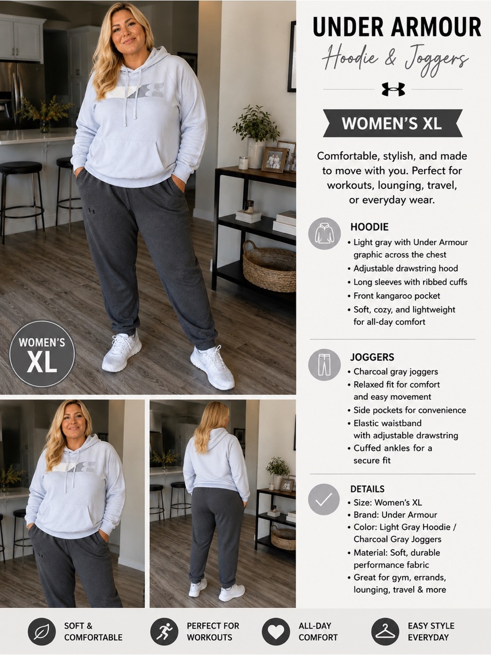 Under Armour Women's Light Gray Hoodie with Charcoal Joggers Set